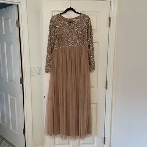 Maya MATERNITY Bridesmaid long sleeve in taupe blush, size 10